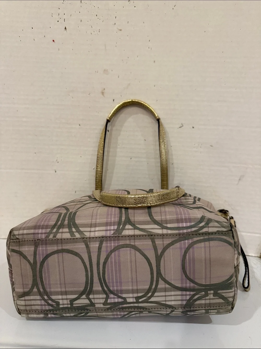 Coach Gray & Light Purple Plaid Signature Shoulder with Gold Leather Trim